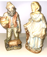 Man &amp; Woman Figurines Farmers Pig Vegetables Hand Painted Statues Pastels - $26.95 CAD