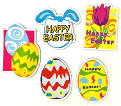 Lot 5 Happy Easter Refrigerator Magnets Decorated Eggs Bunny Ears Tulip Flower - £7.65 GBP