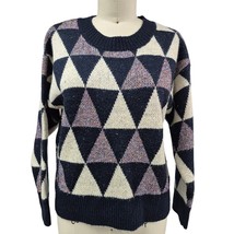 80s GeeGee Harlequin Sweater Acrylic Poly Black Ivory Purple Heather Sz ... - $54.40