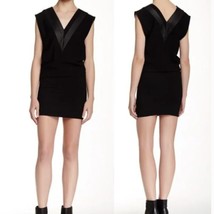 IRO Black Leather Trim Kacil V-Neck Sleeveless Mini Dress, Size 8 Large - £31.27 GBP