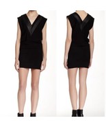 IRO Black Leather Trim Kacil V-Neck Sleeveless Mini Dress, Size 8 Large - £31.13 GBP