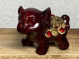 Cute Baby Elephant Red Resin Figurine Good Luck Trunks Up Bejeweled Sadd... - $7.61