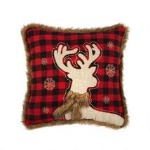 Christmas Reindeer Throw Pillow Red Black Buffalo Check 18x18&quot; Faux Fur Square - £29.89 GBP