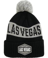 Las Vegas City Name Winter Knit 3D Rubber Patch Pom Beanie Hat (Black/Gray) - £15.94 GBP