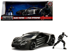 Diecast Lykan Hypersport Black with Black Panther Figure &quot;Marvel&quot; Series... - $1,142.18 MXN