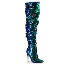 PLEASER COURTLY-3011 Womens Sexy 5&quot; Heel Ruched Green Sequin Over The Knee Boots - £83.60 GBP