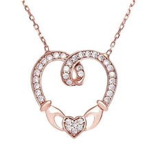 Sterling Silver 16+2&quot; Rose GP CZ Claddagh Style Heart Necklace - £41.75 GBP