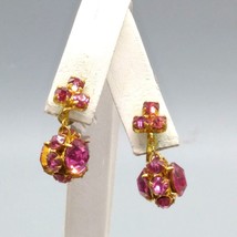 Vintage Czech Crystal Bead Drop Earrings, Perfect Pink Encrusted Dangles, Gold - £25.22 GBP