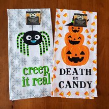 Halloween Tea Towels, set of 2, Flour Sack, Spider Pumpkin Candy Corn - £10.38 GBP