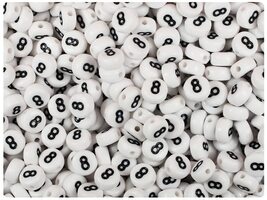 BeadTin White Opaque 7mm Coin Alpha Plastic Beads - Black Number 8 (100pcs) - $2.09