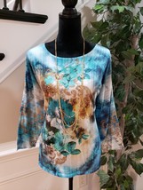 Coldwater Creek Women Blue Floral Polyester Round Neck Long Sleeve Top Blouse XL - £19.38 GBP