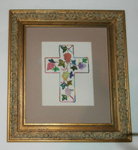 Embroidered Cross Gold Wooden Frame Caritas Shanghai - $19.78