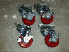 4qty PPI Casters Wheels Swivel Red Wheels 3 x 1-1/4  with Brakes - £60.89 GBP