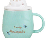 Whimsical Green Chubby Feline Kitty Cat Cup Mug With Lid And Stirring Spoon - £14.95 GBP