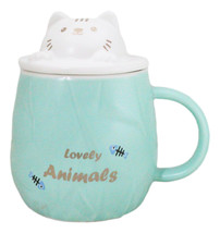 Whimsical Green Chubby Feline Kitty Cat Cup Mug With Lid And Stirring Spoon - £14.95 GBP