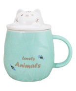 Whimsical Green Chubby Feline Kitty Cat Cup Mug With Lid And Stirring Spoon - €16,29 EUR