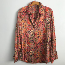 Vtg Kasper Silk Shirt L Paisley Silk Collar Long Sleeve Button 70s Disco Blouse - £18.46 GBP
