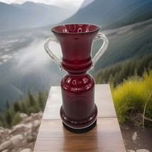 Vintage Dark Red Hand Blown Vase Art Glass w Clear Double Handles CZECHO... - $371.47 MXN