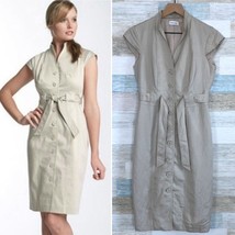 Calvin Klein Linen Tie Waist Safari Midi Shirt Dress Beige Button Down W... - $39.59