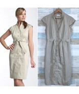 Calvin Klein Linen Tie Waist Safari Midi Shirt Dress Beige Button Down W... - $39.59