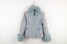 Deadstock Vtg 90s Streetwear Womens S Suede Leather Penny Lane Jacket Shag Blue - $148.45