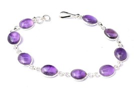 925Sterling Silver Natural Amethyst Gemstone Handmade Link Bracelet Women&#39;s Wear - £48.32 GBP