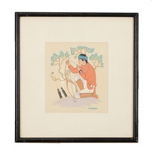 Young Man Sand Painting by Harrison Begay Silkscreen 10.5&quot; x 11&quot; Framed - £195.77 GBP