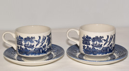 Vintage Churchill Blue Willow 4pc Teacup &amp; Saucer Set 2 Cups 2 Saucers England - £19.71 GBP