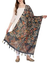 Women Silk Dupatta Kalamkari &amp; Flower printed Navy-Blue Party Chunni 2.3MX 36&quot; - £23.11 GBP