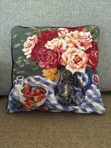 Vintage Needlepoint Pillow Roses Flowers picnic Summer Table strawberrie... - £18.92 GBP