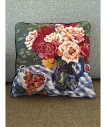 Vintage Needlepoint Pillow Roses Flowers picnic Summer Table strawberrie... - €20,78 EUR