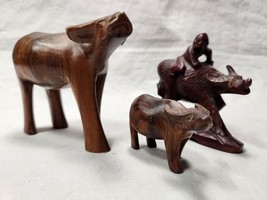 Hand Carved Lot of 3 Hardwood Water Buffalo with Baby &amp; 1 w/Rider Differ... - $36.93