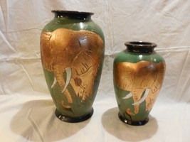 Pair (1 Large &amp; 1 Smaller) Ginger Jar Shape Vases - Green with Gold Elep... - £87.22 GBP
