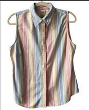 LL Bean Top Women’s M Pastel Stripe Cotton Sleeveless Button Up Collared... - £11.82 GBP