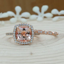 1.75CT Peach Morganite Cushion 14K Rose Gold Over Half Eternity Diamond Ring Set - £72.97 GBP