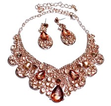 Peach Rhinestone Austrian Crystal Choker Necklace Earring Set Pageant Drag Exoti - £40.51 GBP