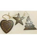 Christmas Ornaments Rustic Wood Brass Stud Texas style lot of 3 - £7.47 GBP