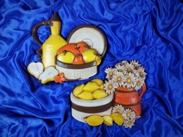 Vintage 80s MCM Kitschy Fruits &amp; Flowers Lemons Water Jug Wall Decor LOT OF 2 - £26.82 GBP