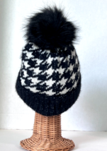 Black/Cream Knitted /Silver thread Beanie Ski Hat W/ Faux Fur Pom Stretchy #N - £8.17 GBP