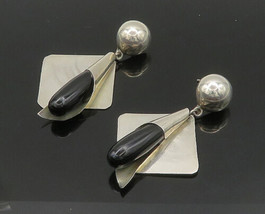 MEXICO 925 Silver - Vintage Black Onyx Shiny Modernist Dangle Earrings - EG10337 - £92.01 GBP