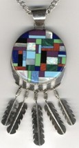 Large Signed Turquoise, Coral, Lab Opal Inlay Pendant with Feather Dangles - $190.00