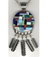 Large Signed Turquoise, Coral, Lab Opal Inlay Pendant with Feather Dangles - £151.87 GBP