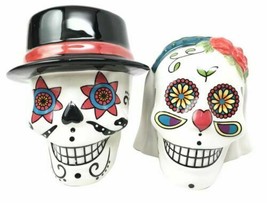 Bridal Wedding Couple Sugar Skulls Day Of The Dead Salt And Pepper Shakers Set - $16.99