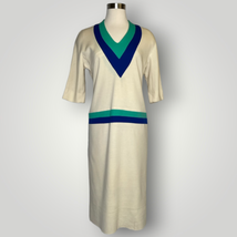 Vintage 1960s Sydney North California Dress V Neck Retro Blue Green Ivory Midi - £58.00 GBP