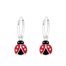 Hanging Ladybug 925 Silver Hoop Earrings with Crystals - £13.44 GBP