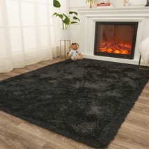 Shaggy Area Rugs For Bedroom, Black Fluffy Rug Plush Living Room Carpet, Indoor - £68.86 GBP