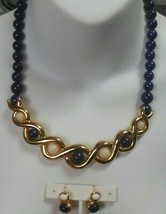 Vintage White &amp; Blue CAB Bead Necklace &amp; Clip-on Earrings - $44.55