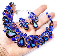 Rhinestone Necklace Earrings, Blue Crystal Jewelry, Pageant Bridal Prom Choker - £47.14 GBP