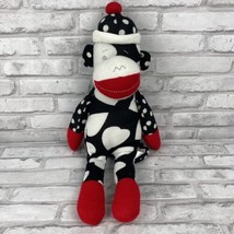 Sock Monkey Plush Black White Hearts Spots Hat Red Accents 20 Inches - $22.11