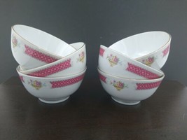 Set of 6 Asian Hand Painted Floral White Porcelain Rice Bowls 4-1/2&quot; - £28.34 GBP